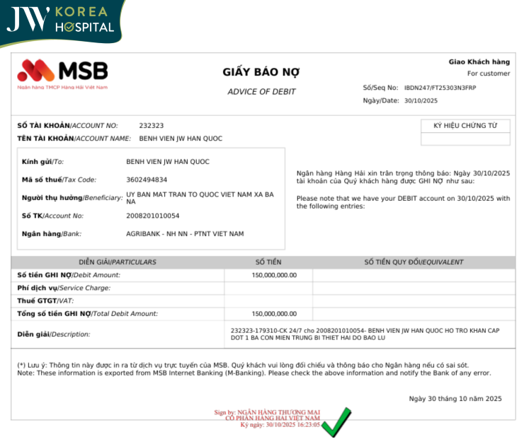 Biên lai quyên góp hỗ trợ bà con miền Trung của Bệnh viện JW 